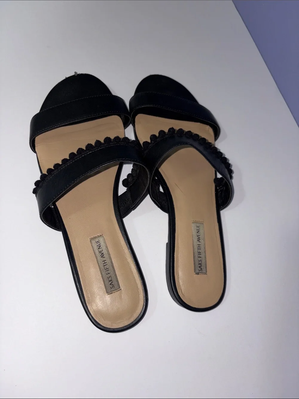 Saks Fifth Avenue Black Slide Sandals with Pom Trim - Women